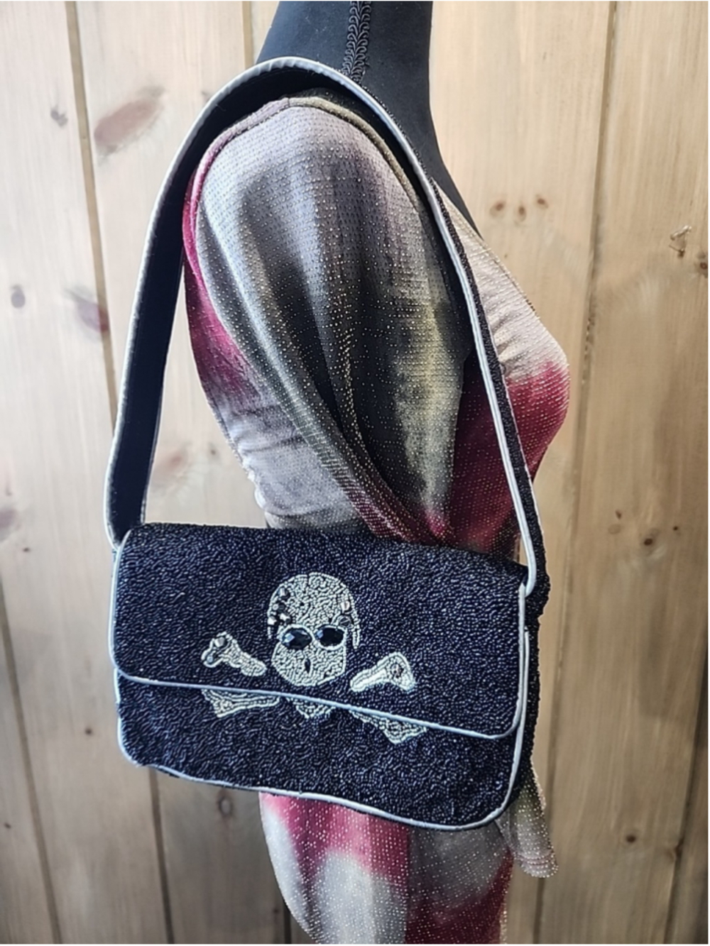 Gothic Skull Beaded Shoulder Bag Black Statement Purse,9.5"X6"X2"
